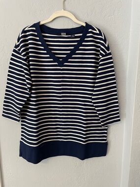 Lands' End Navy and White Striped V‑Neck Sweater